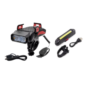 LUZ DELANRTERA 4EN1 + LUZ POSTERIOS RECARGABLE CLAXON PARA CICLISTA